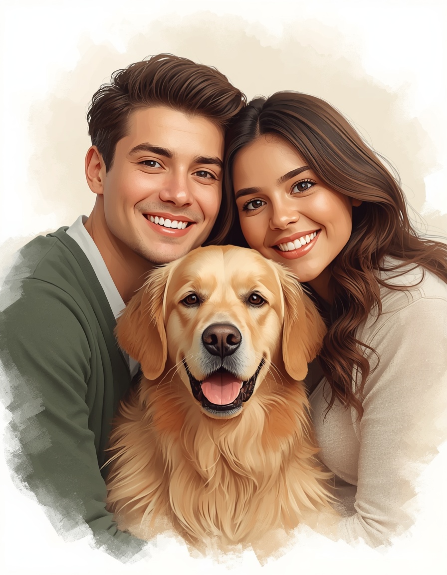 Personalized portrait of a couple and their pet